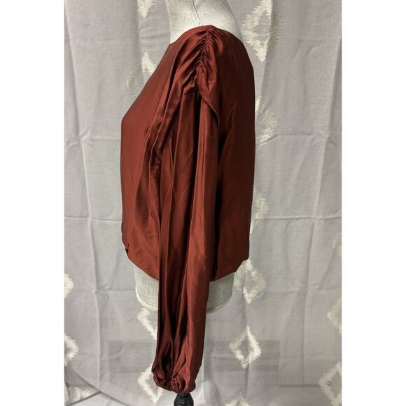 Anthropologie Wine Red Satin Balloon Long Sleeve Blouson Hem Blouse Small NWT - Picture 5 of 11